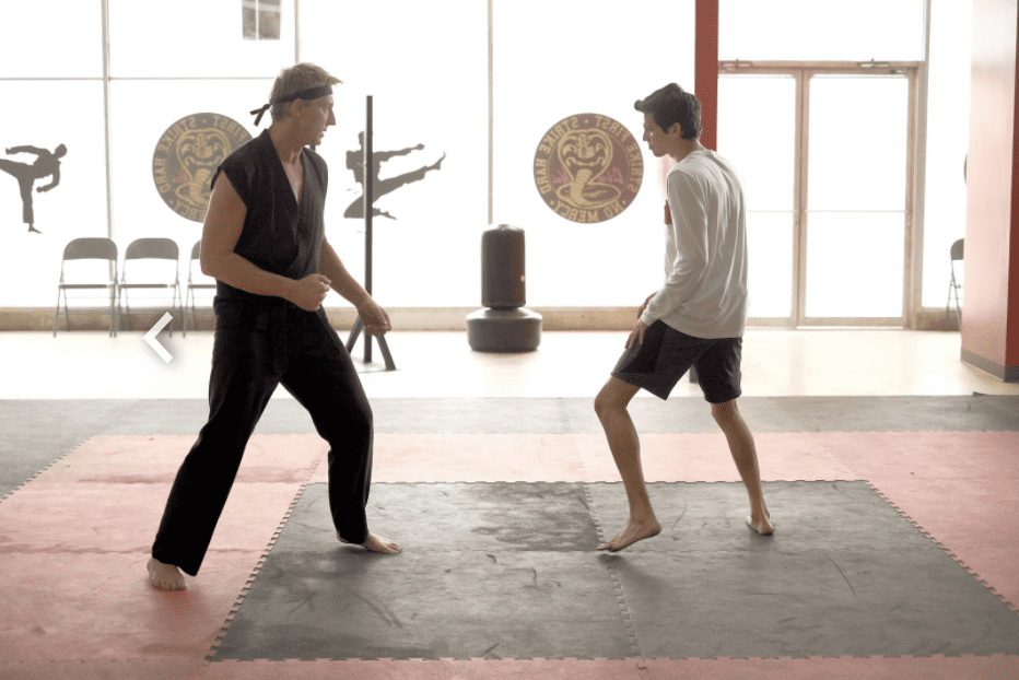 Cobra Kai, fighting scene in dojo.